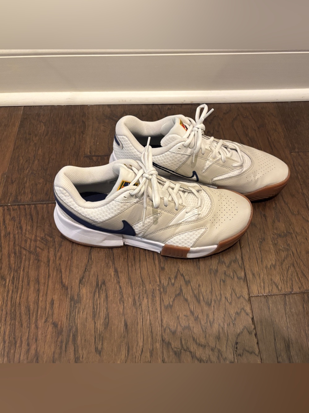 Nike Women’s White, Cream and Navy Court-Style Athletic Sneakers with Gum Sole